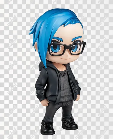 A vinyl chibi figurine of a blue eyed white 50 year old man. He is wearing a black hoodie layered over a charcoal gray button up shirt. He has a Skrillex hairstyle with medium length blue hair off to one side and shaved head on the other. He is wearing black rimmed glasses. The camera is on a quarter profile angle.   hair