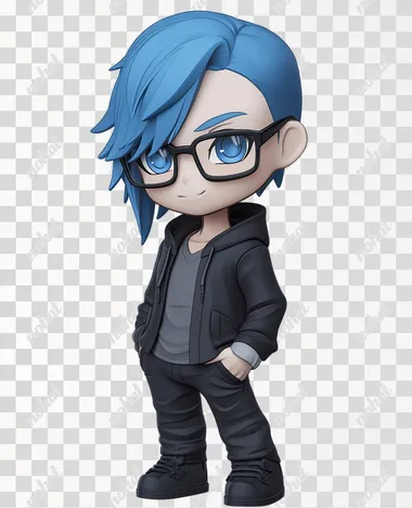 A vinyl chibi figurine of a blue eyed white 50 year old man. He is wearing a black hoodie layered over a charcoal gray button up shirt. He has a Skrillex hairstyle with medium length blue hair off to one side and shaved head on the other. He is wearing black rimmed glasses. The camera is on a quarter profile angle.   hair