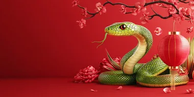 Cute green snake, Chinese new year celebration, orchid flower, red china lantern, red background. High quality, high detailed.