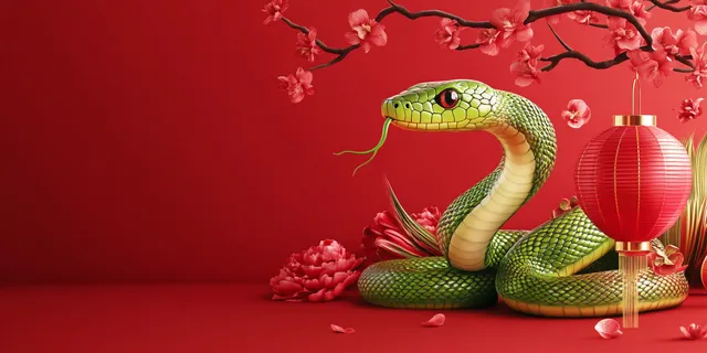 Cute green snake among orchids and lanterns in a festive red scene