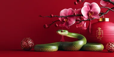 Cute green snake, Chinese new year celebration, orchid flower, red china lantern, red background. High quality, high detailed.