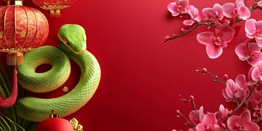 Cute green snake, Chinese new year celebration, orchid flower, red china lantern, red background. High quality, high detailed.