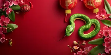 Cute green snake, Chinese new year celebration, orchid flower, red china lantern, red background. High quality, high detailed.