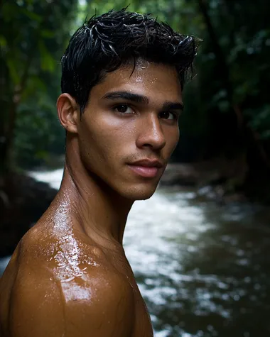 An attractive Dominican man in his 20's, with tan skin, natural, natural imperfections, dark brown colored eyes, short dark hair, photo taken at a river in lush dark green forest,  the photo should be a half-length portrait, shallow depth of field to emphasize the subject, taken using a Canon EOS R camera with a 50mm f/1.8 lens, f/2.2 aperture, shutter speed 1/200s, ISO 100 and natural light, Full Body, Hyper Realistic Photography, Cinematic, Cinema, Hyperdetail, Ultrahd, Color Correction, ultrahd, hdr, color grading, 8k