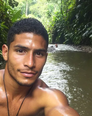 An attractive Dominican man in his 20's, with tan skin, natural, natural imperfections, dark brown colored eyes, short dark hair, photo taken at a river in lush dark green forest,  the photo should be a half-length portrait, shallow depth of field to emphasize the subject, taken using a Canon EOS R camera with a 50mm f/1.8 lens, f/2.2 aperture, shutter speed 1/200s, ISO 100 and natural light, Full Body, Hyper Realistic Photography, Cinematic, Cinema, Hyperdetail, Ultrahd, Color Correction, ultrahd, hdr, color grading, 8k