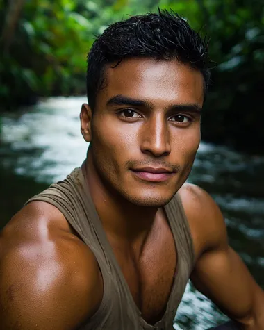 An attractive Dominican man in his 20's, with tan skin, natural, natural imperfections, dark brown colored eyes, short dark hair, photo taken at a river in lush dark green forest,  the photo should be a half-length portrait, shallow depth of field to emphasize the subject, taken using a Canon EOS R camera with a 50mm f/1.8 lens, f/2.2 aperture, shutter speed 1/200s, ISO 100 and natural light, Full Body, Hyper Realistic Photography, Cinematic, Cinema, Hyperdetail, Ultrahd, Color Correction, ultrahd, hdr, color grading, 8k
