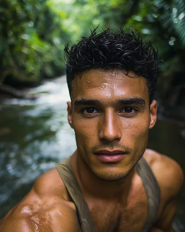 An attractive Dominican man in his 20's, with tan skin, natural, natural imperfections, dark brown colored eyes, short dark hair, photo taken at a river in lush dark green forest,  the photo should be a half-length portrait, shallow depth of field to emphasize the subject, taken using a Canon EOS R camera with a 50mm f/1.8 lens, f/2.2 aperture, shutter speed 1/200s, ISO 100 and natural light, Full Body, Hyper Realistic Photography, Cinematic, Cinema, Hyperdetail, Ultrahd, Color Correction, ultrahd, hdr, color grading, 8k