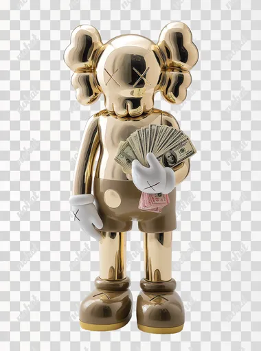 Gold shiny kaws figure standing white background, gold shiny kaws figure holding money
