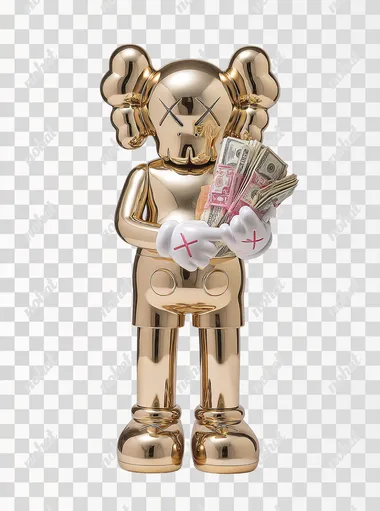 Gold shiny kaws figure standing white background, gold shiny kaws figure holding money