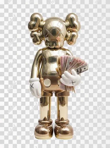Gold shiny kaws figure standing white background, gold shiny kaws figure holding money