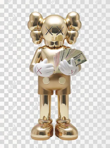 Gold shiny kaws figure standing white background, gold shiny kaws figure holding money