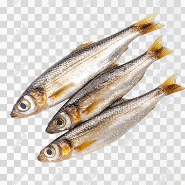 Three sprats lying next to each other with gaps in between on a white background