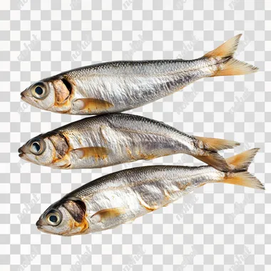 Three sprats lying next to each other with gaps in between on a white background