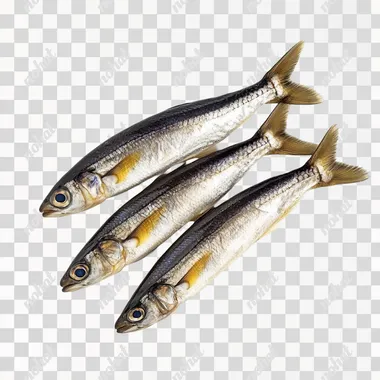 Three sprats lying next to each other with gaps in between on a white background