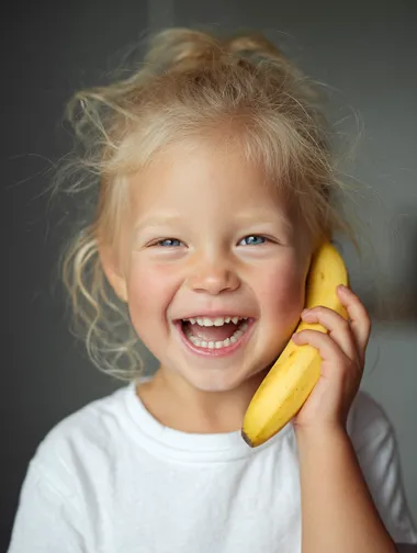 a professional photo, ultra close-up of a cute little blonde girl, white t-shirt, laughing and pretending to talk on the phone but holding an bannana like phone, shallow depth of field, studio lighting, natural joyful expression, high detail, modern interior soft focus background, realistic skin texture, editorial style  --raw