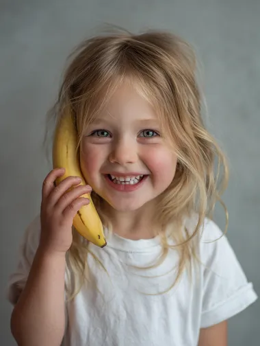 a professional photo, ultra close-up of a cute little blonde girl, white t-shirt, laughing and pretending to talk on the phone but holding an bannana like phone, shallow depth of field, studio lighting, natural joyful expression, high detail, modern interior soft focus background, realistic skin texture, editorial style  --raw
