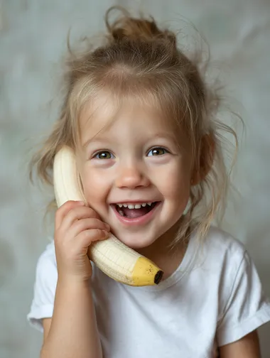 a professional photo, ultra close-up of a cute little blonde girl, white t-shirt, laughing and pretending to talk on the phone but holding an bannana like phone, shallow depth of field, studio lighting, natural joyful expression, high detail, modern interior soft focus background, realistic skin texture, editorial style  --raw
