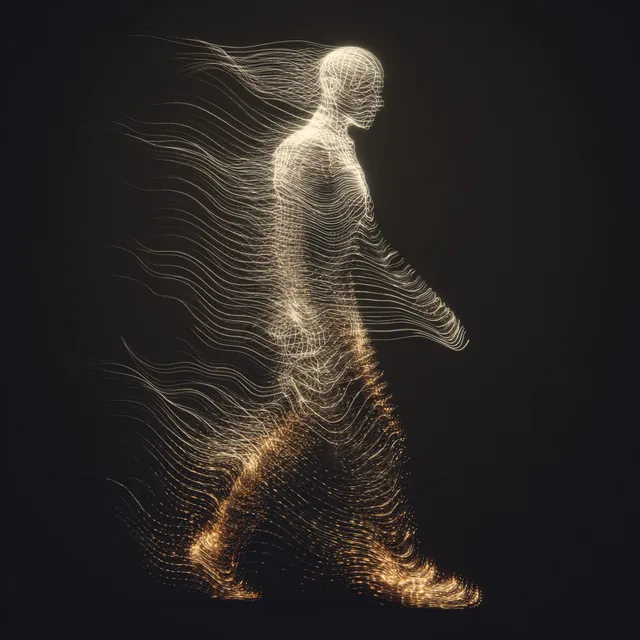 Luminous Human Figure in Flowing Wave Patterns