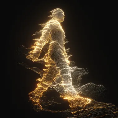 a human figure composed of continuous flowing wave lines in luminous gold and fiery white, partially dissolving into fractured wave patterns, walking through a disrupted interference field defined by sin((2fx)/c) * sin((2fy)/c), broken symmetry and sharp distortion ripple outward from the lower body, wave structure glitching and disintegrating into radial turbulence, high-detail parametric wave surface,, no particles