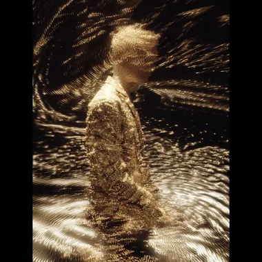a human figure composed of continuous flowing wave lines in luminous gold and fiery white, partially dissolving into fractured wave patterns, walking through a disrupted interference field defined by sin((2fx)/c) * sin((2fy)/c), broken symmetry and sharp distortion ripple outward from the lower body, wave structure glitching and disintegrating into radial turbulence, high-detail parametric wave surface,, no particles