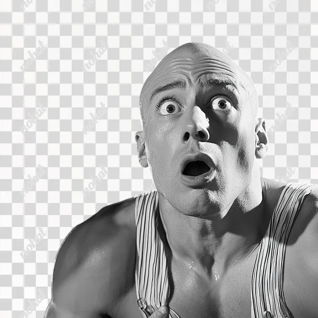 1950s Italian Lover: A Bald Muscular Man's Shocked Expression