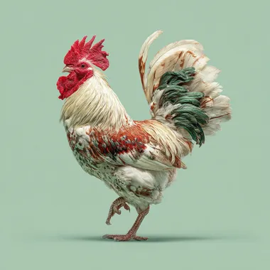 realistic fighting rooster captured mid-turn, feathers slightly separated, muscles tense, no crest, 45-degree angle, solid pale green background, sharp and clean photo finish