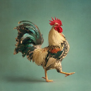 realistic fighting rooster captured mid-turn, feathers slightly separated, muscles tense, no crest, 45-degree angle, solid pale green background, sharp and clean photo finish