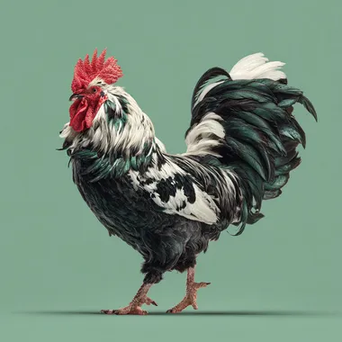 realistic fighting rooster captured mid-turn, feathers slightly separated, muscles tense, no crest, 45-degree angle, solid pale green background, sharp and clean photo finish