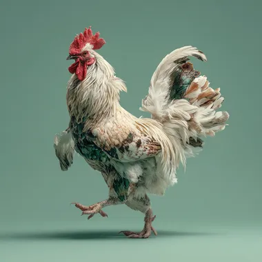realistic fighting rooster captured mid-turn, feathers slightly separated, muscles tense, no crest, 45-degree angle, solid pale green background, sharp and clean photo finish