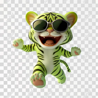 green color striped tiger cub in sunglasses. he smiles. He is runs and jumping. he has a big head and small body. 3d cartoon