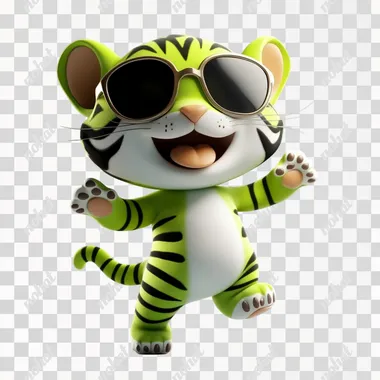 green color striped tiger cub in sunglasses. he smiles. He is runs and jumping. he has a big head and small body. 3d cartoon