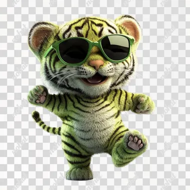 green color striped tiger cub in sunglasses. he smiles. He is runs and jumping. he has a big head and small body. 3d cartoon