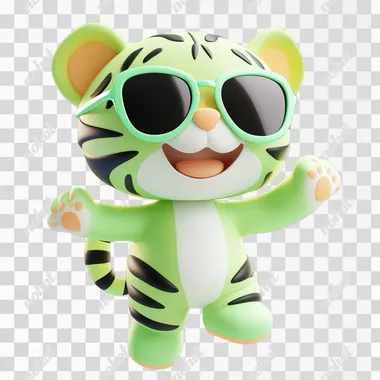 green color striped tiger cub in sunglasses. he smiles. He is runs and jumping. he has a big head and small body. 3d cartoon