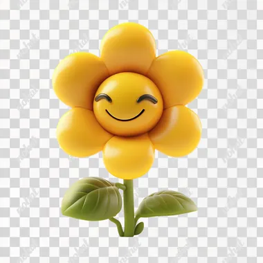 Cute matte texture yellow flower with a smiley face 3D icon on a white background, smooth and shiny! Cute style, lovely cartoon design, warm colors, matte texture, high-definition picture quality, 2D game art, cartoon character design.