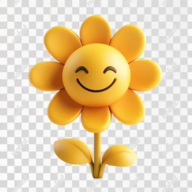 Cute matte texture yellow flower with a smiley face 3D icon on a white background, smooth and shiny! Cute style, lovely cartoon design, warm colors, matte texture, high-definition picture quality, 2D game art, cartoon character design.