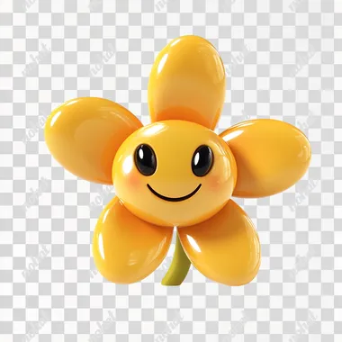 Cute matte texture yellow flower with a smiley face 3D icon on a white background, smooth and shiny! Cute style, lovely cartoon design, warm colors, matte texture, high-definition picture quality, 2D game art, cartoon character design.