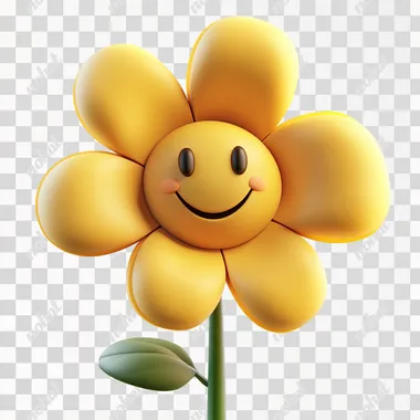 Cute matte texture yellow flower with a smiley face 3D icon on a white background, smooth and shiny! Cute style, lovely cartoon design, warm colors, matte texture, high-definition picture quality, 2D game art, cartoon character design.