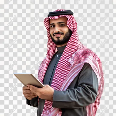 a saudi man holding a tablet, no background