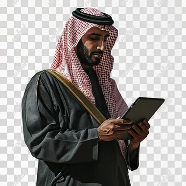a saudi man holding a tablet, no background