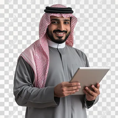 a saudi man holding a tablet, no background