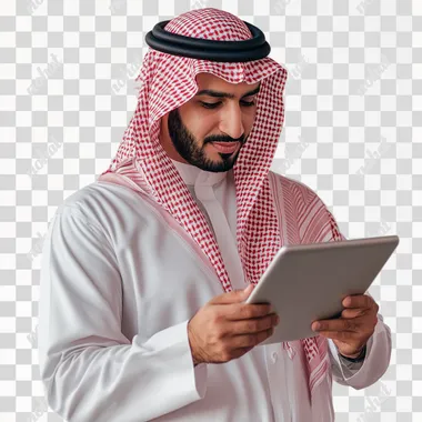 a saudi man holding a tablet, no background