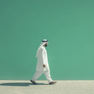 an arabic person walking from Sharjah, Unitad emirates with a green background