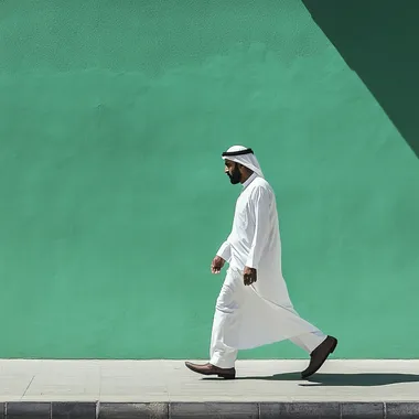 an arabic person walking from Sharjah, Unitad emirates with a green background