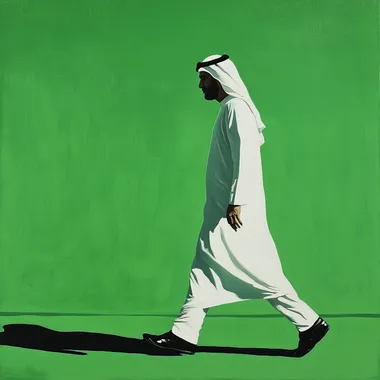 an arabic person walking from Sharjah, Unitad emirates with a green background