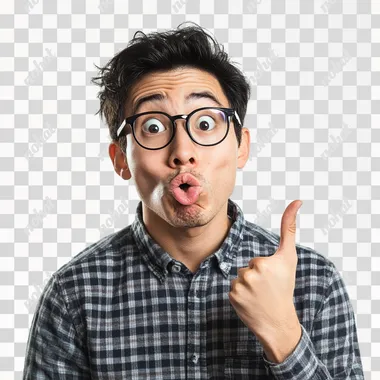 Asian nerd with an ugly face showing something isolated over white background
