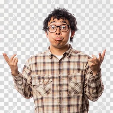 Asian nerd with an ugly face showing something isolated over white background