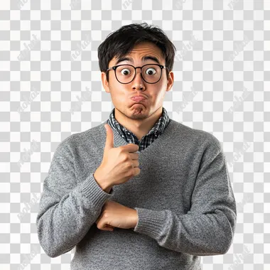 Asian nerd with an ugly face showing something isolated over white background