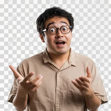 Asian nerd with an ugly face showing something isolated over white background