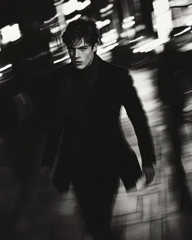 A Saint Laurent-clad luxury realtor strides through a dimly lit urban setting at dusk. His slim-cut black wool suit and silk scarf catch the movement, blurred slightly as he turns toward the camera. The lighting is dramatic, reminiscent of film noir, with long shadows stretching behind him. Shot in black and white with soft grain, evoking a timeless, rebellious elegance.