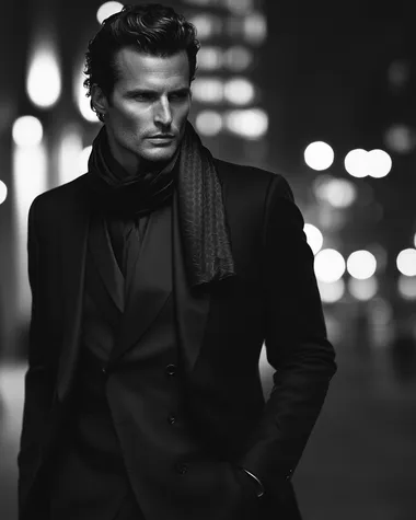 A Saint Laurent-clad luxury realtor strides through a dimly lit urban setting at dusk. His slim-cut black wool suit and silk scarf catch the movement, blurred slightly as he turns toward the camera. The lighting is dramatic, reminiscent of film noir, with long shadows stretching behind him. Shot in black and white with soft grain, evoking a timeless, rebellious elegance.